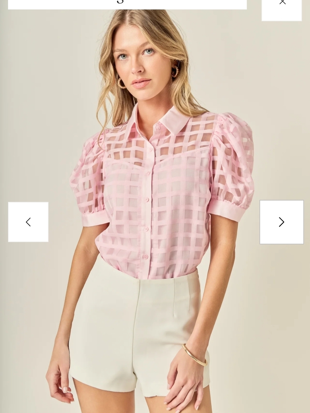 ENGLISH FACTORY Sheer Grid Puff-Sleeve Button-Up Blouse - Pink